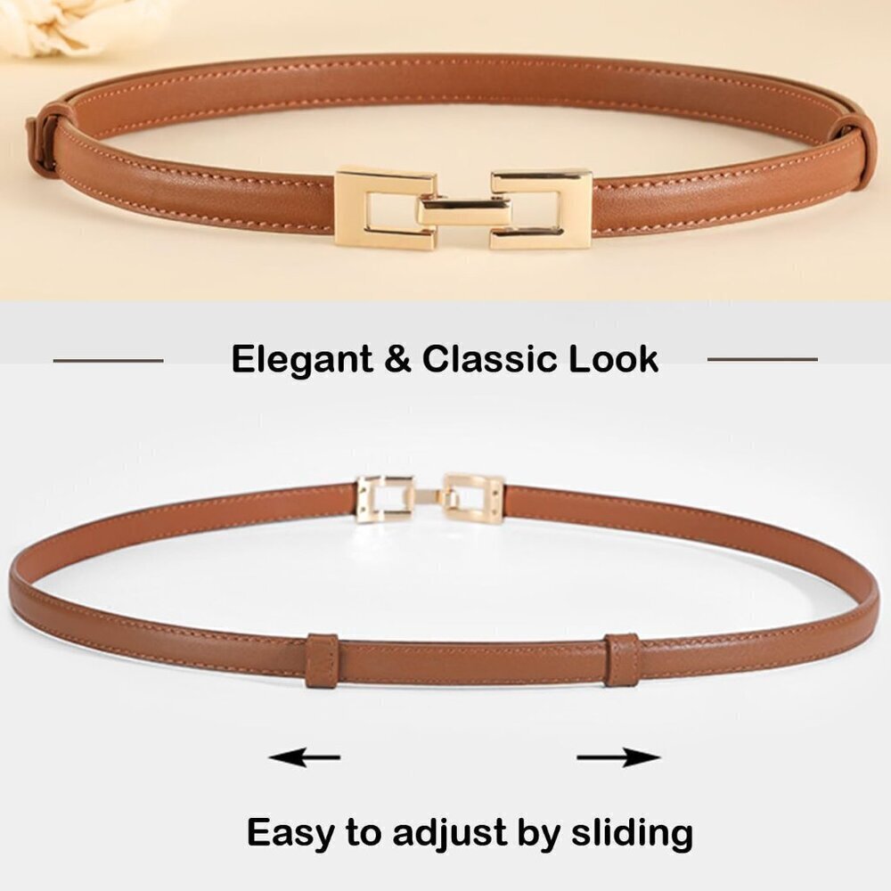 2Pack Women's Leather Belts Thin Waist Dress Belt with Gold Buckle Adjustable - Picture 4 of 7